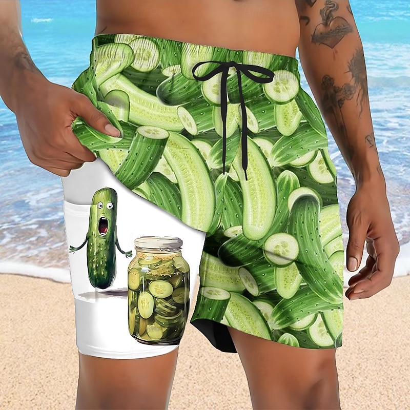 Men's Funny Pickle Lined Shorts 2 in 1 Board Shorts Swim Shorts Mid Waist Hawaiian Vacation Holiday Beach Wear Side Pockets With Compression Liner Elastic Drawstring Waist Designer Clothing Apparel3
