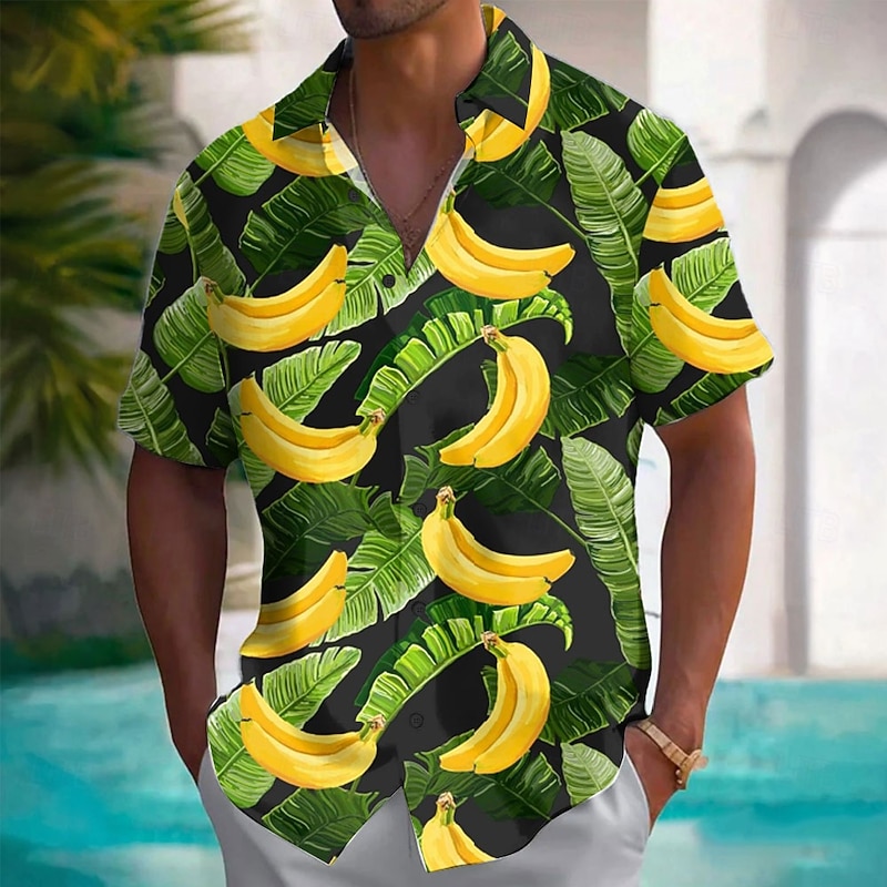 Men's Fruit Optical Illusion Banana Shirt Summer Hawaiian Shirt Button Up Shirt Short Sleeve Hawaiian Resort Vacation Holiday Beach Wear Summer Spring Turndown 3D Print Collared Shirts Light Yellow4