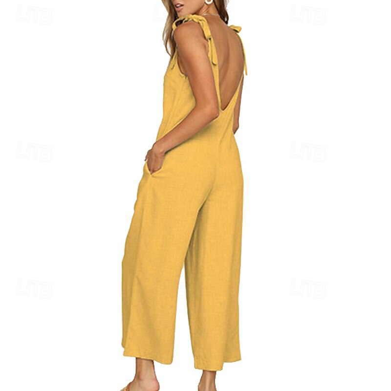 Women's Normal Jumpsuit Streetwear Solid Color Sleeveless V Neck Pocket Work Going out Regular Fit Black Yellow Army Green Summer4