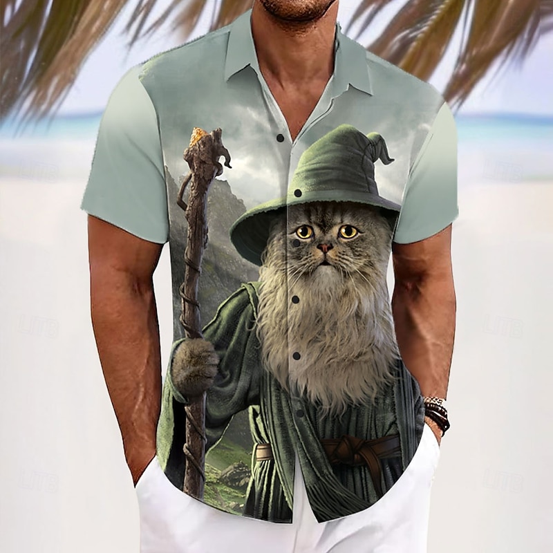 Catdalf Def by VINCENT HIE Men's Cat Wizard Button Up Shirt Short Sleeve Designer Shirt Limited Artist Edition