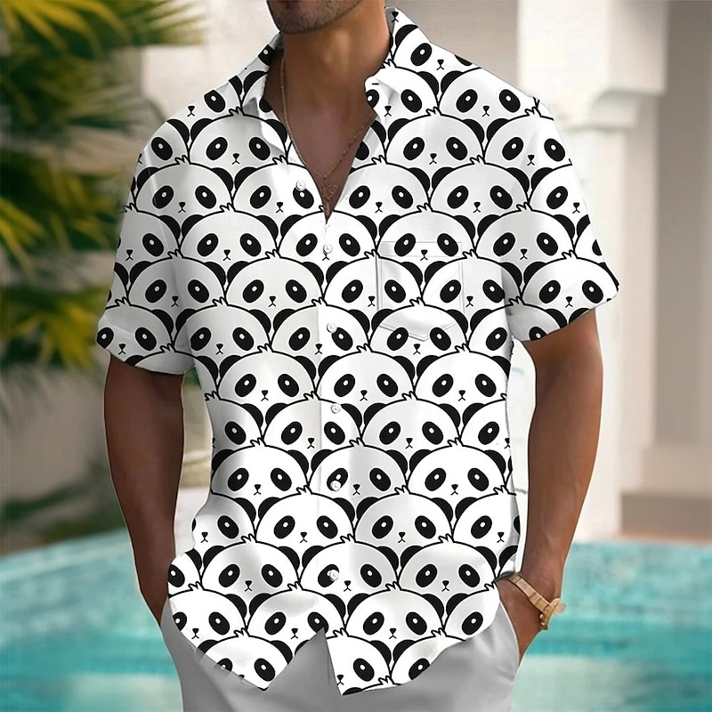 Men's Animal Panda Funny Shirt Summer Hawaiian Shirt Button Up Shirt Short Sleeve Hawaiian Vacation Holiday Beach Wear Summer Spring Turndown 3D Print Collared Shirts Front One Pocket White