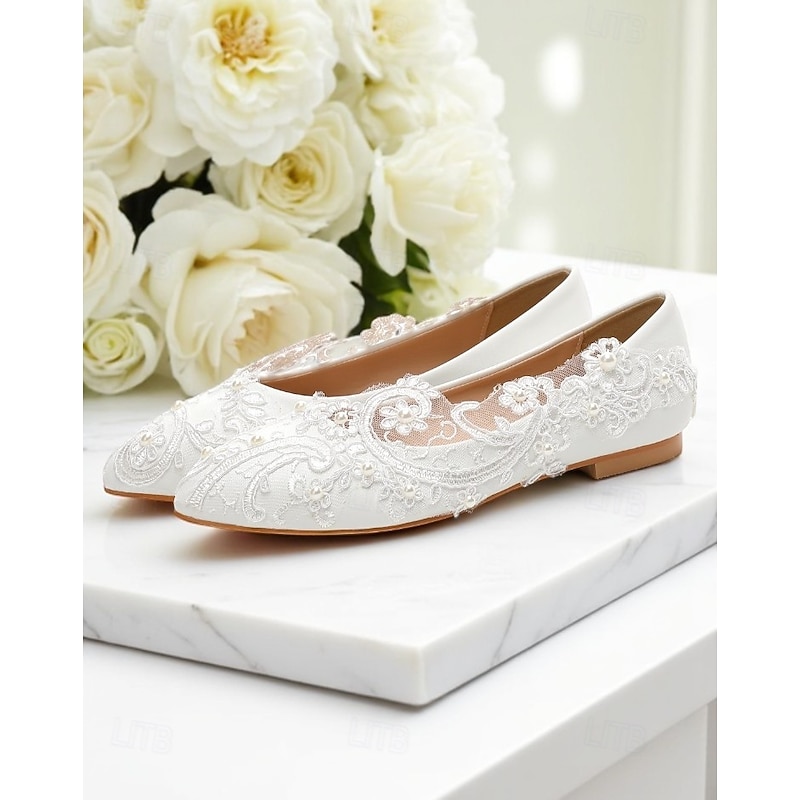 Women's White Lace Embroidered Ballet Flats – Vintage Closed Toe Wedding Shoes for Bride and Garden Ceremonies2