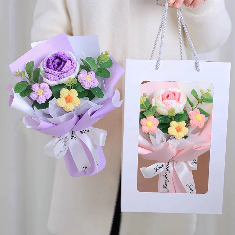 Crochet Flowers Bouquet Gift, Handmade Eternal Yarn Flower Arrangement for Mom, Grandma, Wife, Girlfriend – Mother's Day, Valentine's, Graduation, Christmas, Birthday, Anniversary Gift Idea2