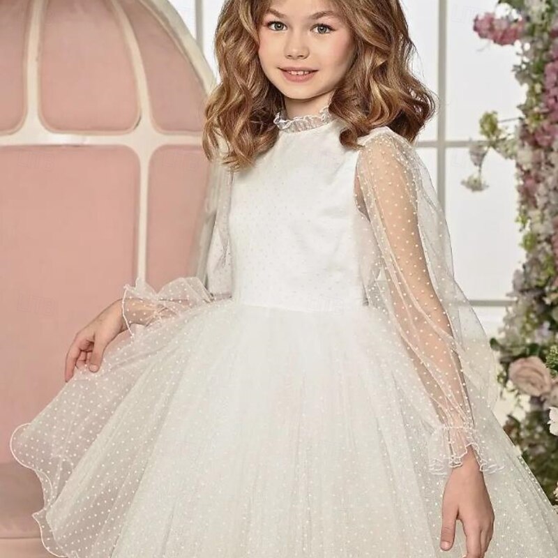 Kids Girls' Party Dress Solid Color Long Sleeve Performance Mesh Princess Sweet Mesh Mid-Calf Sheath Dress Tulle Dress Summer Spring Fall kids White3