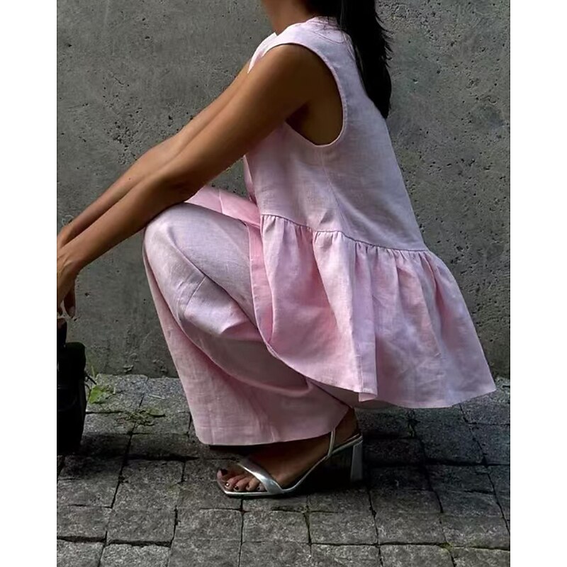 Women's Active Fashion Cotton Linen Sets Blouse Vest Sleeveless V Neck Solid Color Dubbele Rij Knopen Date Casual Daily Black Pink Light Blue Summer Regular Fit4