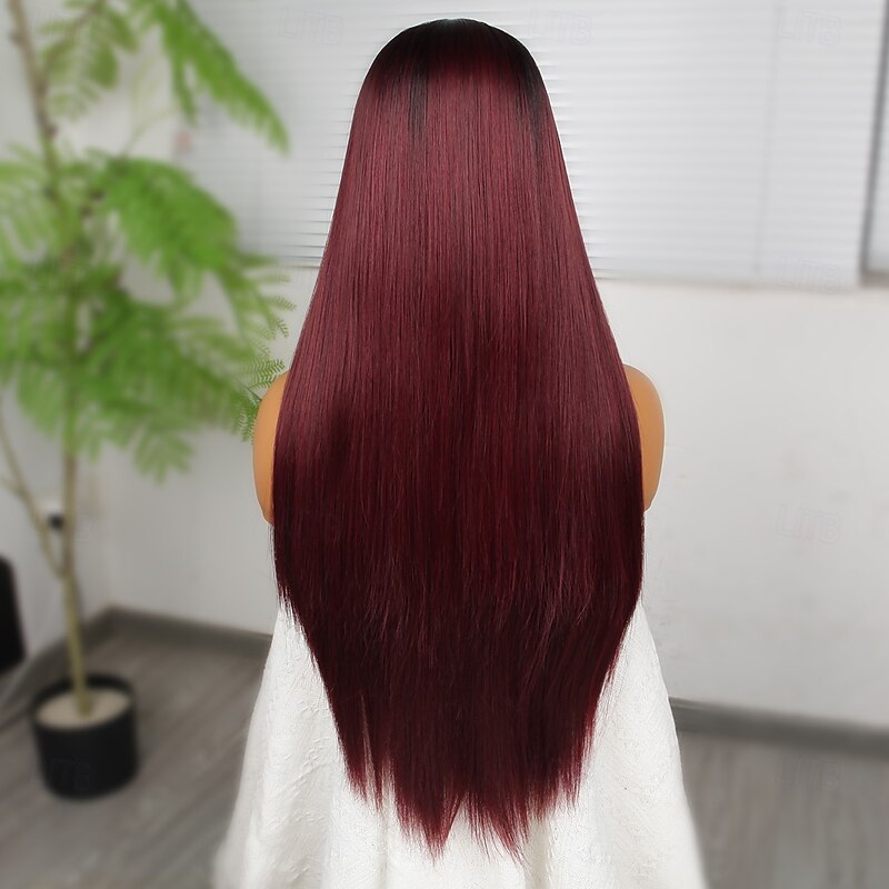 Synthetic Lace Wig Straight Style 26 inch Burgundy Middle Part 13x4 Lace Front Wig Women's Wig Wine Red4