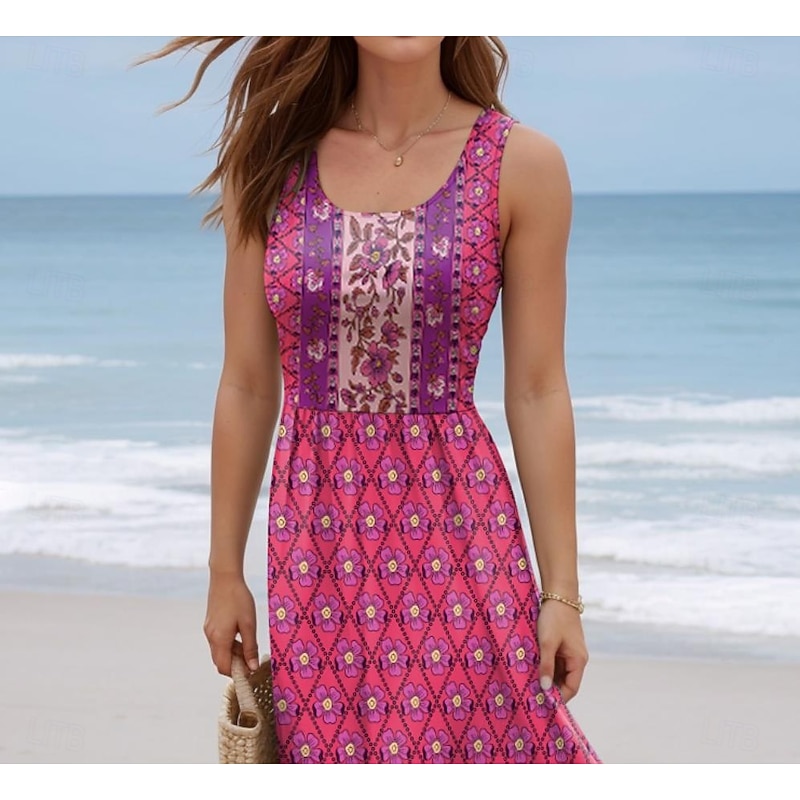 Women's Maxi Dress Sundress A Line Dress Slip Dress Pleated Dress Vacation Casual Boho Going out Beach Regular Fit Floral Paisley Color Block Sleeveless U Neck Deep Green light coffee Rose Red Summer4