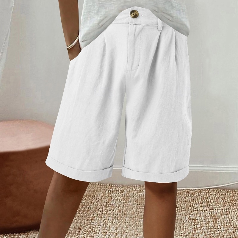 Women's Linen-Inspired Shorts Shorts Slacks Fashion Streetwear Short Natural Plain Pocket Buckle Comfy Outdoor Comfortable Holiday Weekend Apricot Grey Black White Summer Regular Fit