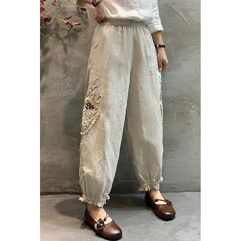 Women's Cotton Linen Pants Slacks Fashion Streetwear Full Length Natural Floral Embroidered Pocket Elastic Waist Comfy Breathability Outdoor Street Going out Apricot Green Khaki Summer Regular Fit2