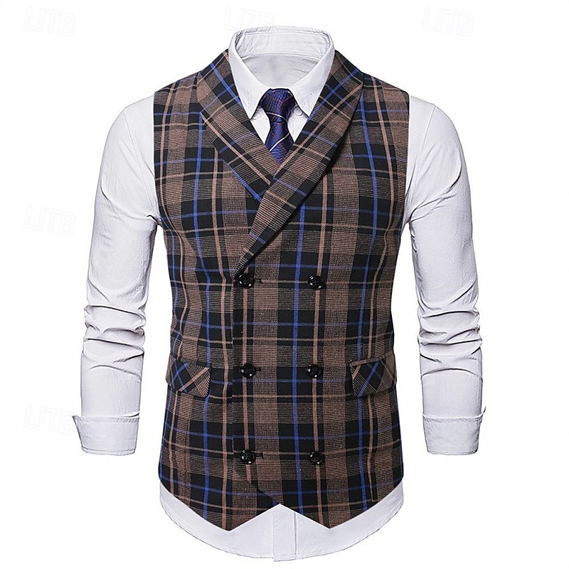 Men's Vest Waistcoat Gilet Vacation Party Business Fashion Casual Spring &  Fall Buttons Pocket Polyester Comfortable Plaid Double Breasted Lapel Regular Fit Light Coffee Black Dark Gray Coffee Vest2