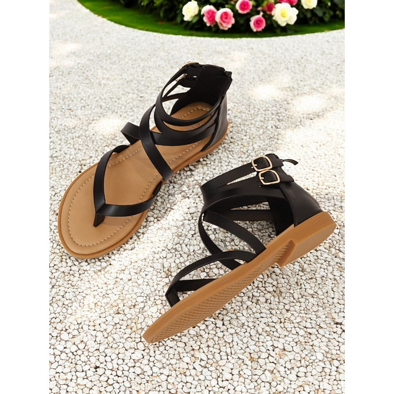 Women's Black Gladiator Flat Sandals | Strappy Ankle Wrap Summer Shoes for Beach & Casual Outfits2
