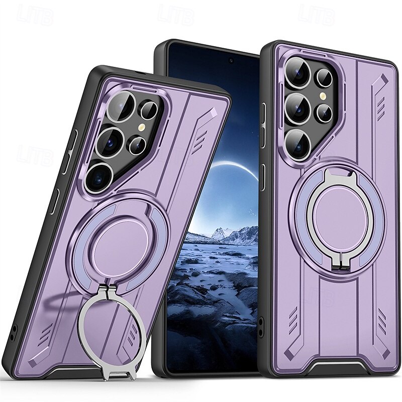 Phone Case For Apple AirTag S25 S25 Edge S24 S24 FE S23 Ultra Plus S22 A16 A35 5G Back Cover Magnetic Adsorption with Stand Holder Magnetic Anti peep Geometric Pattern TPU PC Metal3