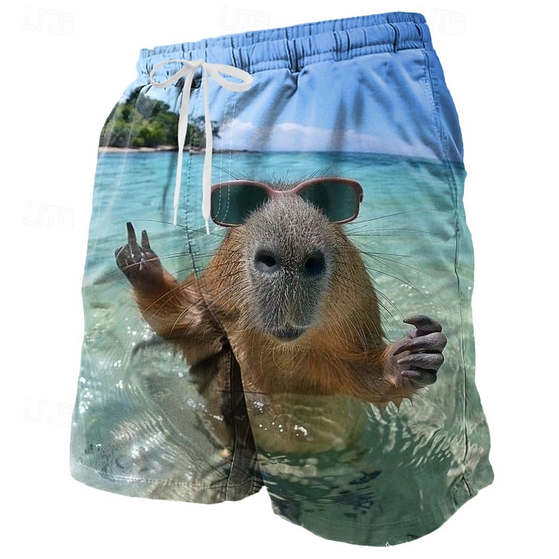 Men's Funny Capybara Swim Trunks Swim Shorts Board Shorts Mid Waist Streetwear Hawaiian Beach Vacation Wear Side Pockets Mesh Lining Elastic Drawstring Waist Designer Clothing Apparel