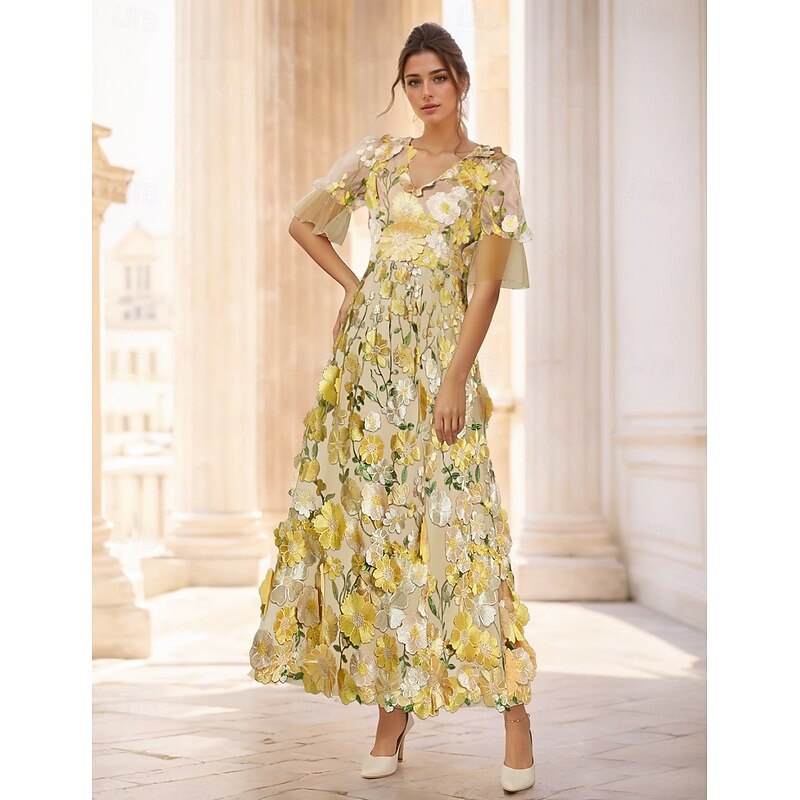 A-Line Cocktail Dresses Gown Formal Wedding Guest Floral Elegant Ankle Length Short Sleeve Illusion Neck Tulle with Embroidery Appliques3