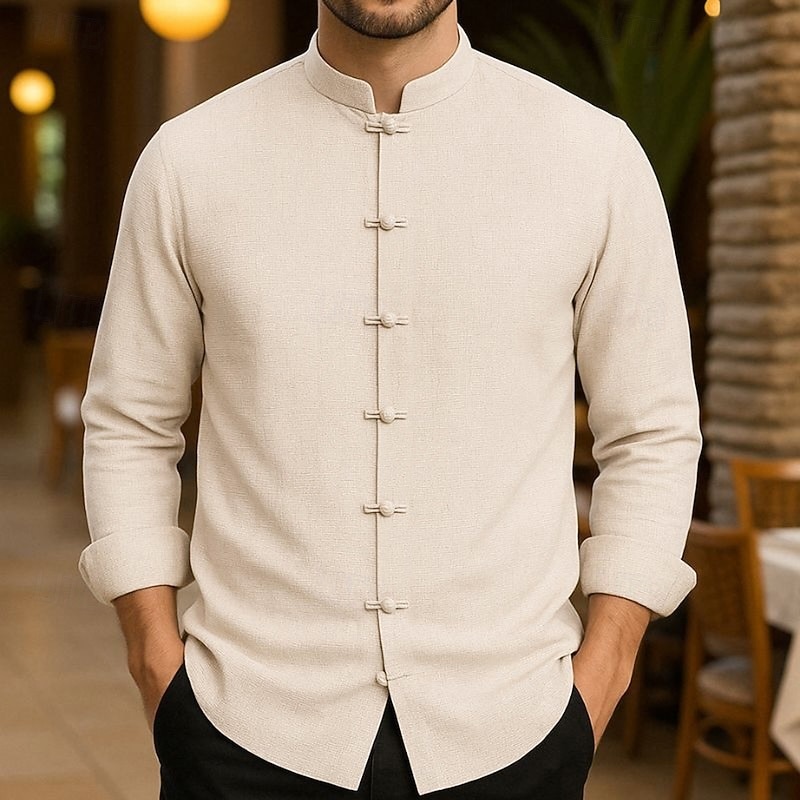 Men's Cotton Linen Shirt Solid / Plain Color Vacation Black White Light Green Pink Long Sleeve Grandad Clothing Apparel