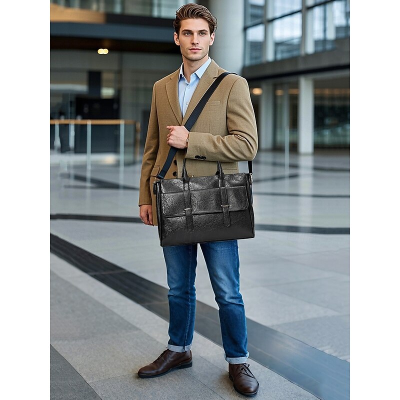 Men's Black Leather Tote Briefcase - Large Business Tote with Top Handle and Laptop Compartment, Professional Office Bag for Work and Meetings2