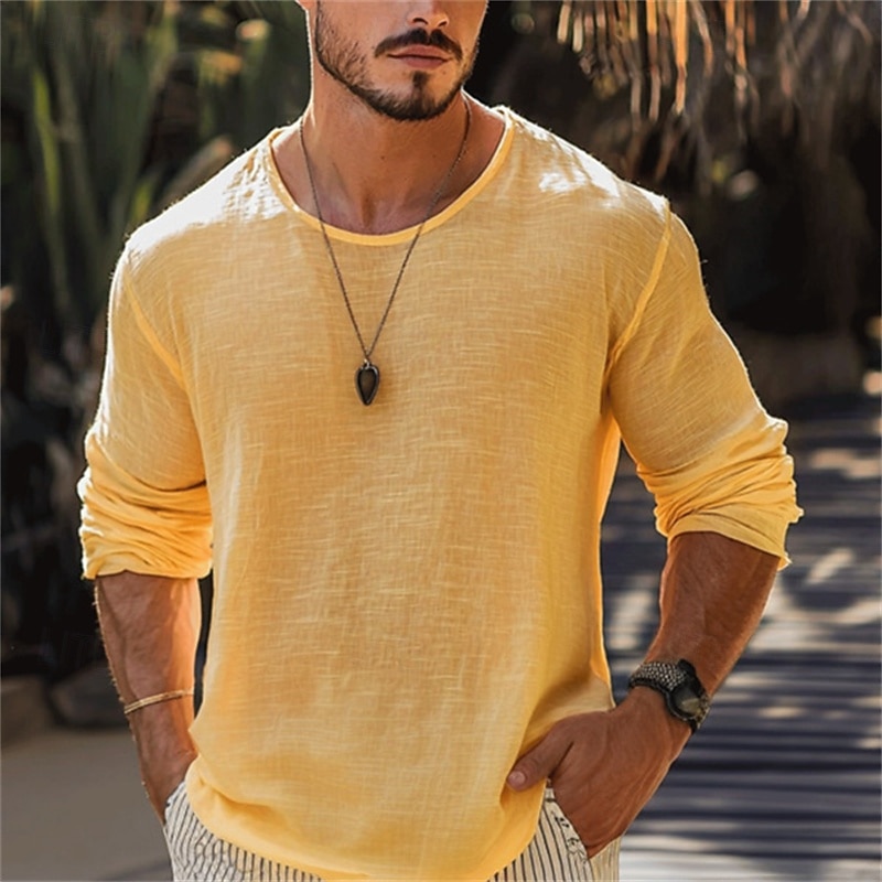 Men's T Shirt Tee Tee Top Long Sleeve Shirt Long Sleeve Crew Neck Summer Spring Plain Fashion Designer Basic Basic Vacation Street Going out Yellow Top Tee for Men