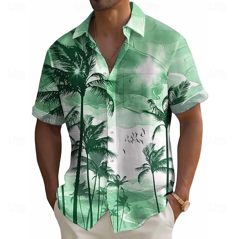 Men's Coconut Tree Tropical Plants Shirt Summer Hawaiian Shirt Button Up Shirt Short Sleeve Hawaiian Vacation Holiday Beach Wear Summer Turndown 3D Print Front One Pocket Linen Like Shirt Blue Purple4