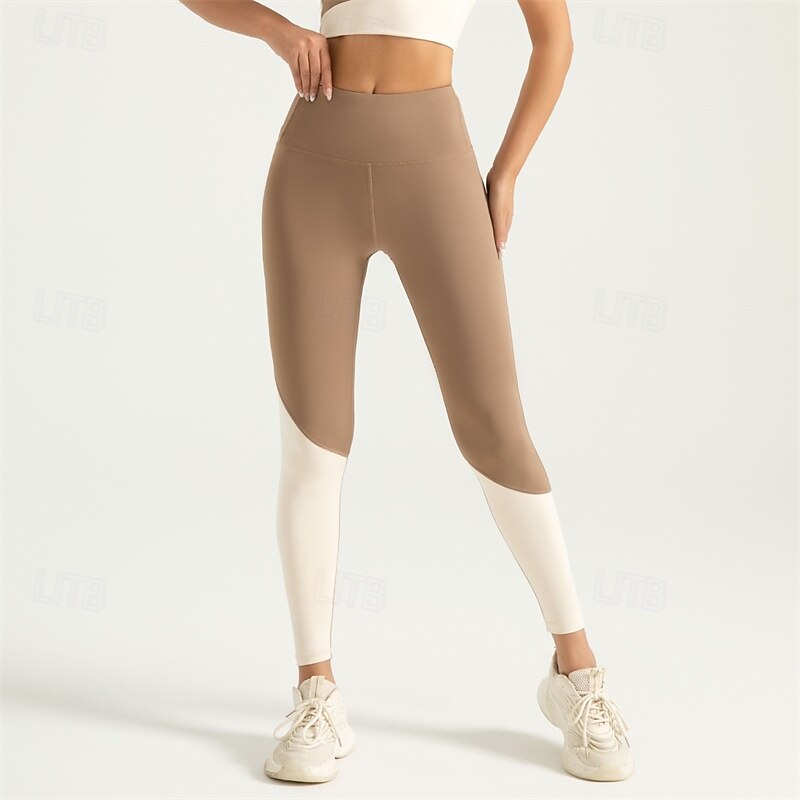 Women's Yoga Pants Yoga Leggings Patchwork Butt Lift Tummy Control High Waist Pilates Gym Workout Workout Tights Color Block Brown Khaki Spandex Fall Sports Activewear Stretchy Skinny
