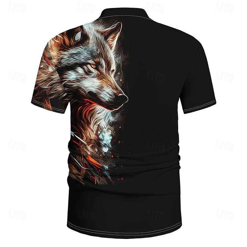 Men's Animal Wolf Polo Short Sleeve Polo Shirts Collared Shirts Casual Outdoor Daily Wear 3D Print Summer Black2