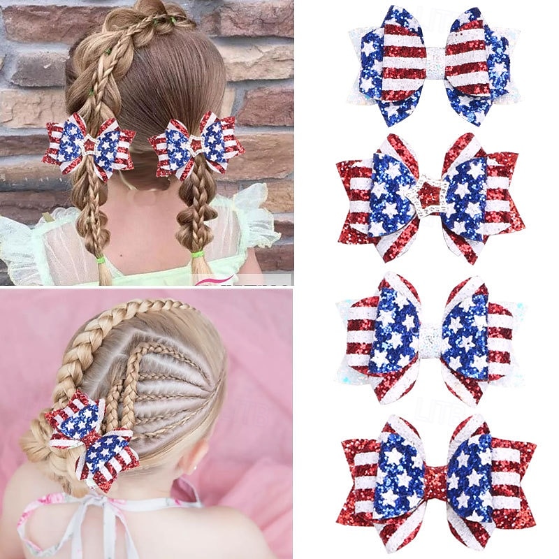 2 Pcs 4th of July Patriotic Hair Bows Alligator Clip Girls Glitter Sparkly Red White Blue Sequin Cheer Barrettes Hairpins Kids Independence Day Xmas Party outfit Decor Accessories Gift - Main Image