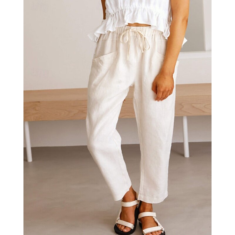Women's Cotton Linen Pants Slacks Fashion Streetwear Full Length Natural Plain Pocket Elastic Drawstring Design Outdoor Comfortable Vacation Going out Rust Light Sky Blue Grey Black Summer Regular Fit