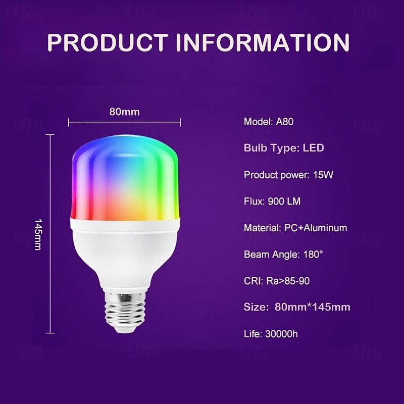 E27/E26 RGB LED Light Bulbs Smart Lights with Remote 15W RGBW Color Changing Light Bulbs 16 Color Multicolor Light Bulb Dimmable Light for Home Decoration Bedroom Stage Bar Party3