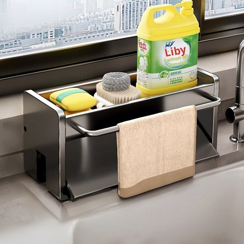 Installation-Free Kitchen Sink Holder, Sponge, Brush, Dishwashing Liquid, Sink Stopper, Soap Organizer, Thick Stainless Steel with Self-Draining Tray for Kitchen and Bathroom Organization2
