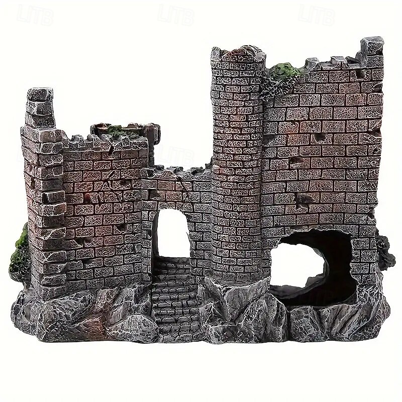Vintage Resin Castle Aquarium Ornaments - Realistic Medieval Landscape With Moss-covered Perfect Fish Tank Hideaway3
