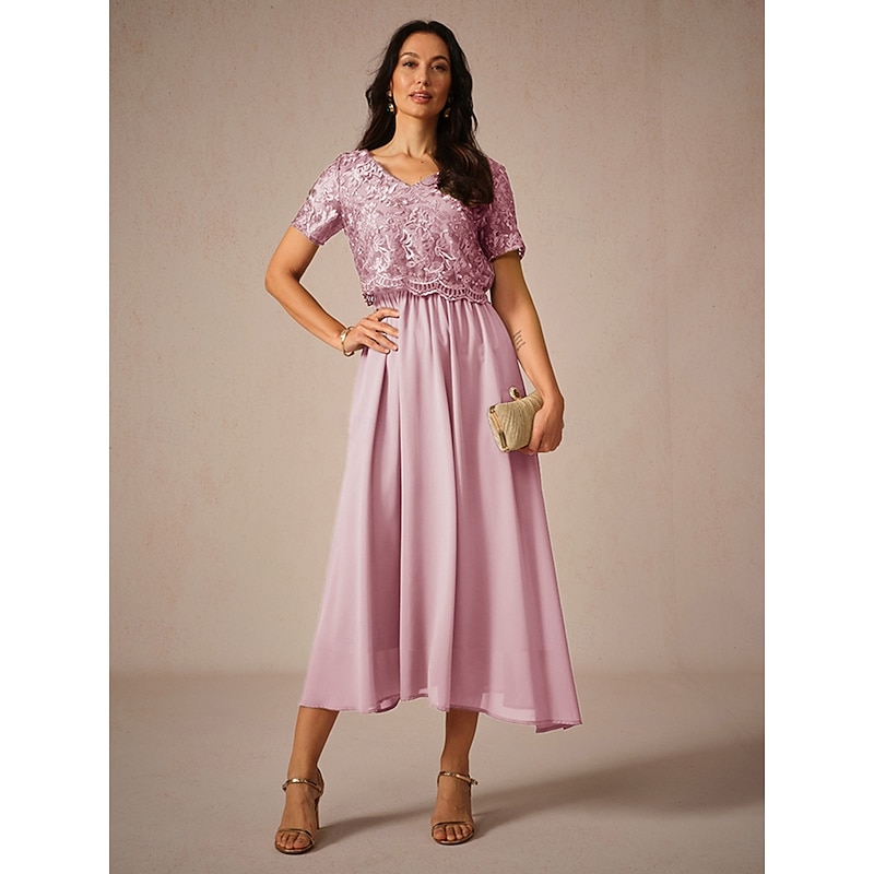 Women's Wedding Guest Cocktail Dress Maxi Dress Contrast Lace Party Elegant Formal V Neck Short Sleeve Pink Green Gray Color