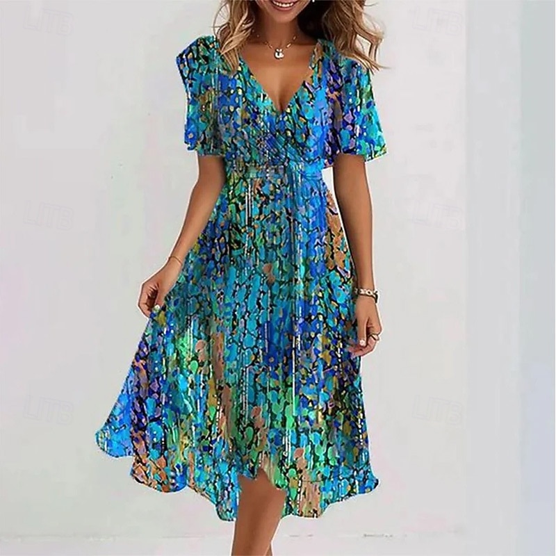 Women's Midi Dress Floral Dress Print Dress Classic Modern Outdoor Daily Holiday Regular Fit Flower Short Sleeve V Neck Red Blue Green Apricot Summer