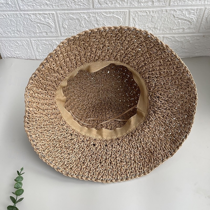 Summer Elegant Crochet Straw Hat with Ruffle One Size Sunshade3