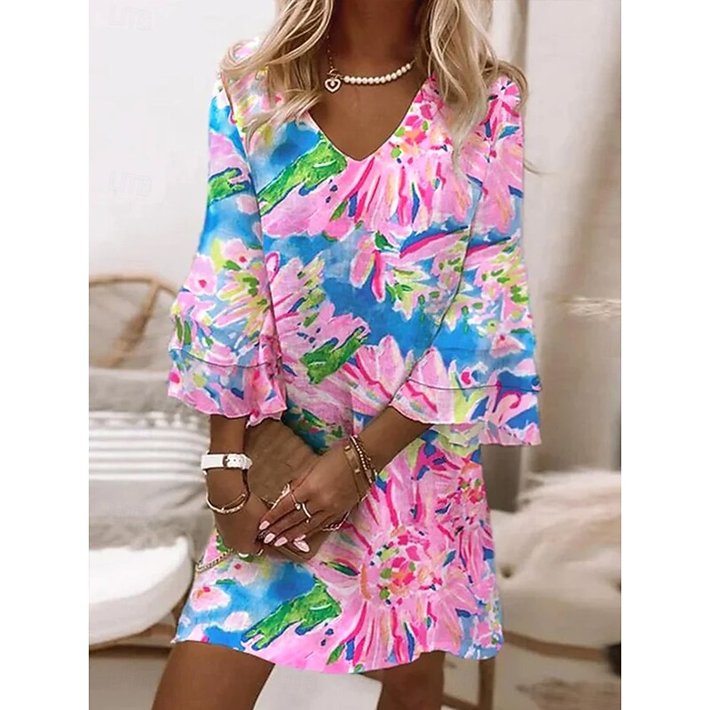 Women's Mini Dress Sundress A Line Dress Vacation Casual Boho Beach Regular Fit Ombre Floral Graphic 3/4 Length Sleeve V Neck Colourful Pink Sky Blue Ink Blue Summer Spring