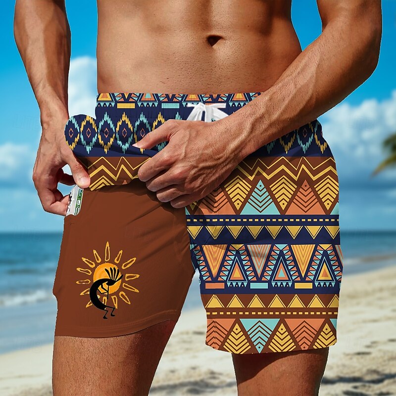 Men's Geometric Kokopelli Lined Shorts 2 in 1 Board Shorts Swim Shorts Mid Waist Ethnic Beach Vacation Wear Side Pockets With Compression Liner Elastic Drawstring Waist Designer Clothing Apparel2