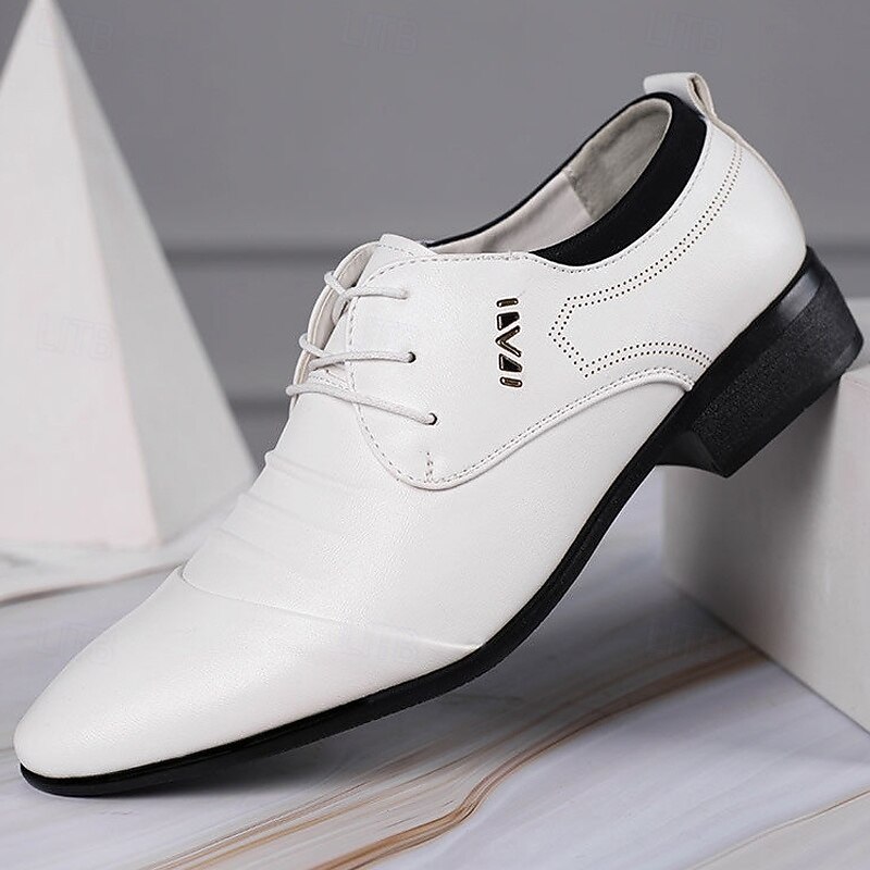 Men's White Lace-Up Formal Shoes - Elegant Dress Shoes for Weddings, Dance Parties and Special Occasions