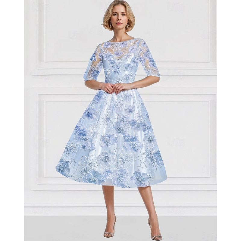 A-Line Beaded Embroidered Mother of the Bride Dress Floral Elegant Vintage Illusion Neck Ankle Length Tulle Half Sleeve with Sequin