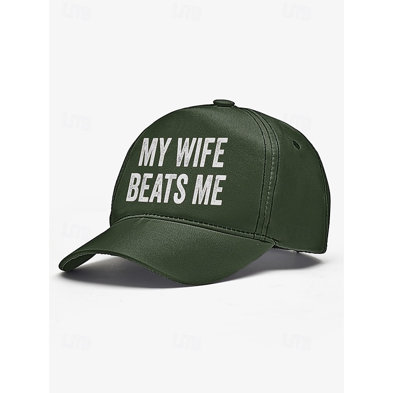 Men's Distressed Graphic ，Humorous 'My Wife Beats Me' Print Baseball Cap - Funny Design, Adjustable Snapback Cap, Casual Street Style, Suitable for Outdoor, Travel or Summer Activities4