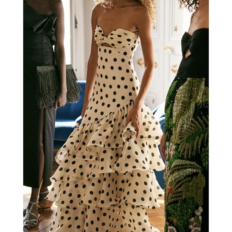 A-Line Cocktail Dresses Tiered Dress Semi Formal Wedding Guest Dress Floor Length Strapless Sweetheart Neckline Chiffon with Ruched Ruffles Polka Dots Print
