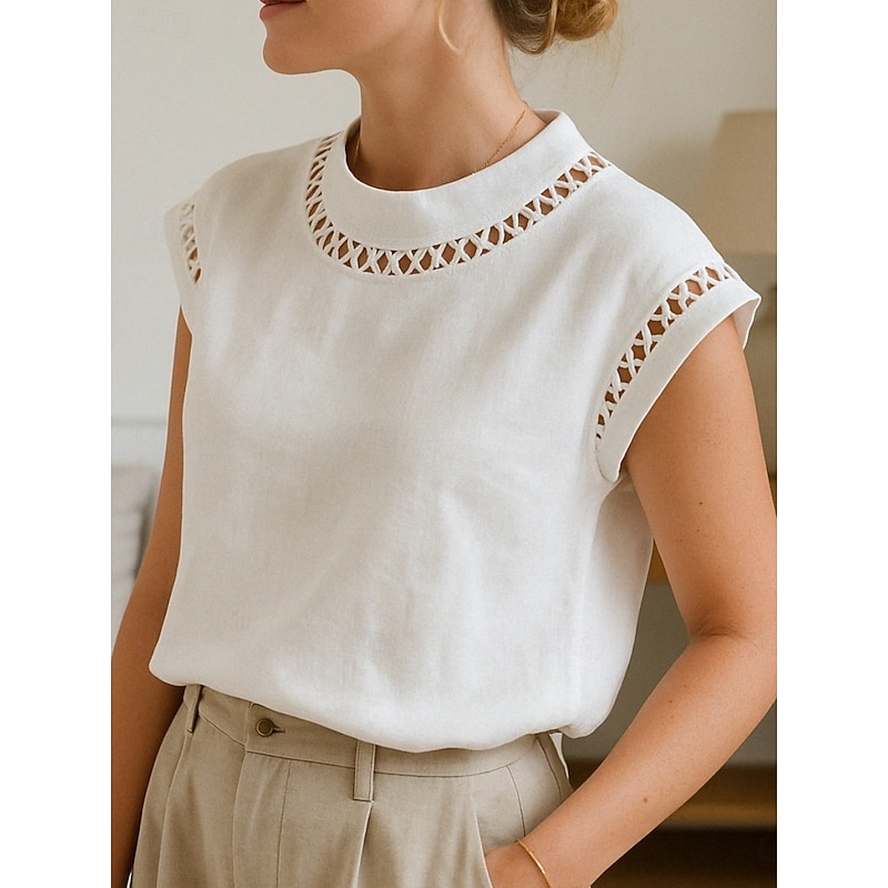 Women's Cotton Linen Shirt Plain Stylish Modern Short Sleeve Turtleneck Regular Tops Daily Holiday Eyelet White Summer