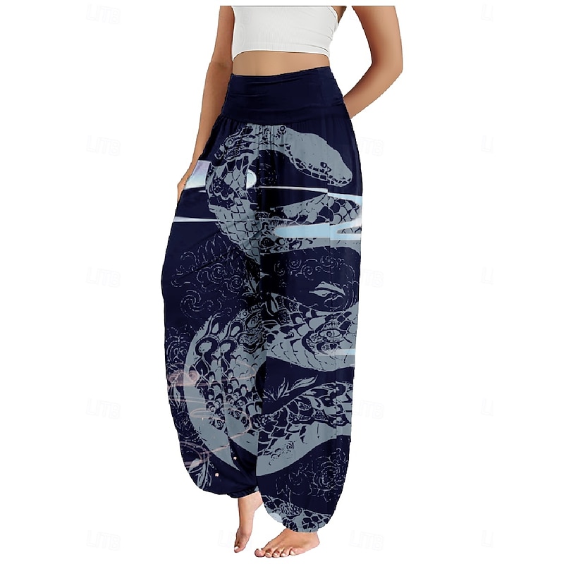 Women's Linen-Inspired Pants Wide Leg Pants Trousers Ethnic Style Casual Boho Full Length High Waist Floral Pocket Elastic Waist Printing Breathability Soft Micro-elastic Outdoor Yoga Red Blue Green - Main Image