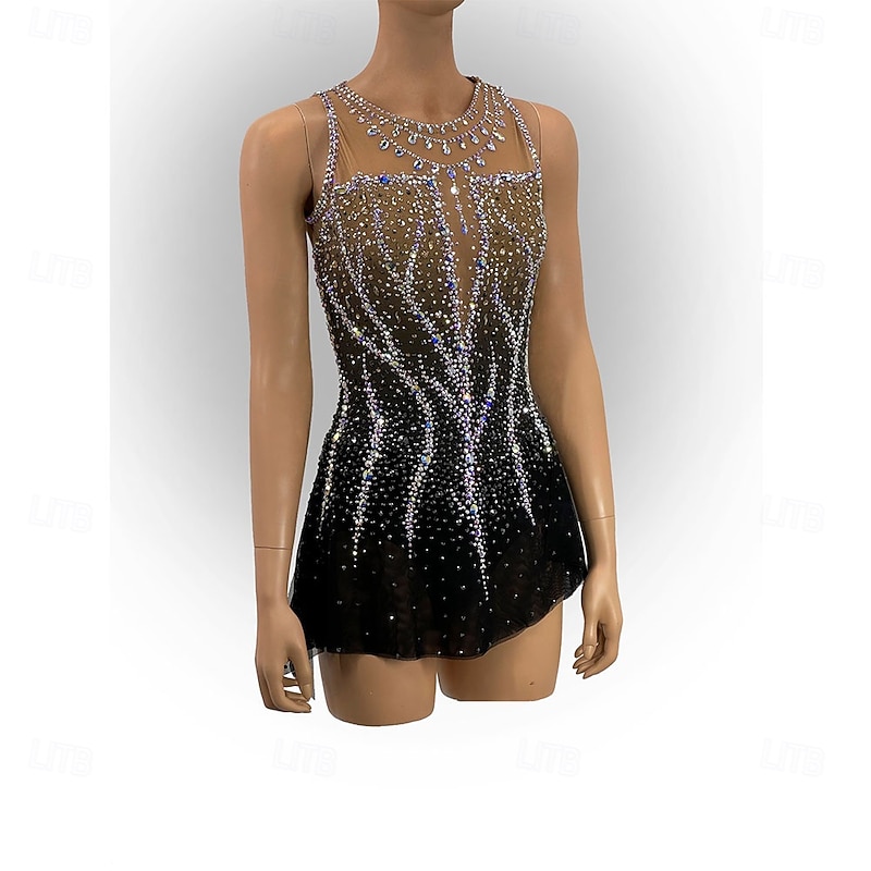 Figure Skating Dress Women's Girls' Ice Skating Dress Black Patchwork Asymmetric Hem Mesh High Elasticity Training Competition Skating Wear Classic Crystal / Rhinestone Sleeveless Ice Skating Figure2