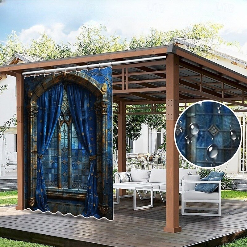 Waterproof Outdoor Curtain Privacy, Sliding Patio Curtain Drapes, Pergola Curtains Grommet 3D Landscape Faux Window For Gazebo, Balcony, Porch, Party, 1 Panel