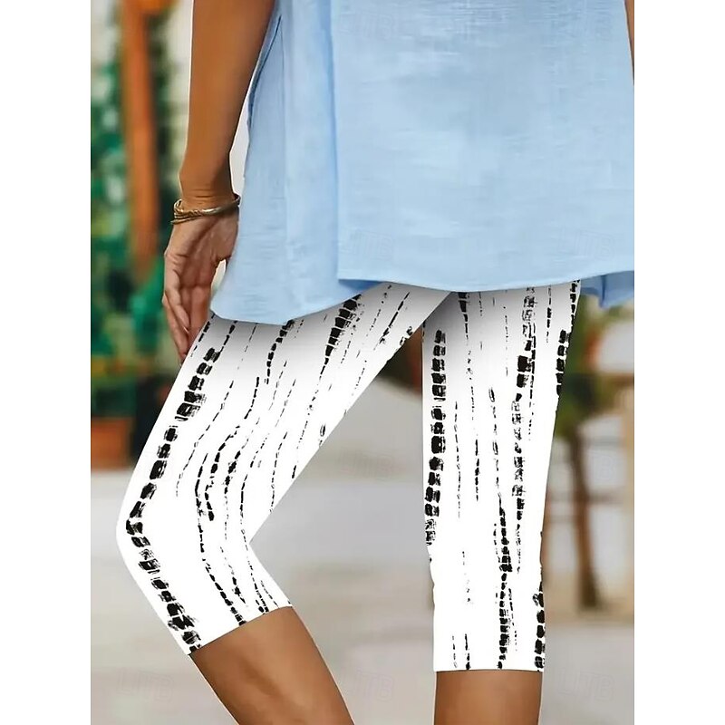 Women's Leggings Capri Pants High Elasticity Vacation Vintage Fashion Full Length Mid Waist Floral Graphic Printing Thermal Warm Breathable Soft Stretchy Outdoor Daily Beach Black White2