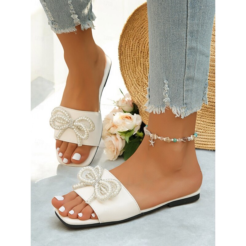Women's Pearl Bow Flat Slide Sandals - Elegant Gold Slippers for Casual Wear, Beach and Daily Date Outfits3