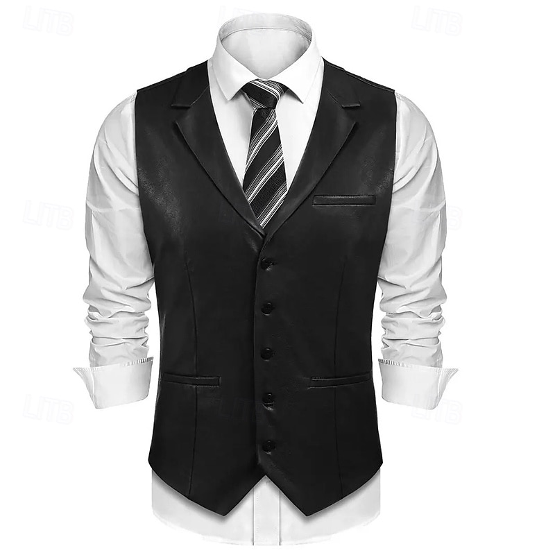 Men's Vest Gilet Vacation Daily Date Fashion Casual Spring Fall Buttons Pocket Faux Leather Comfortable Plain Single Breasted One-button Lapel Regular Fit Dark Brown Black Red Light Brown Vest3
