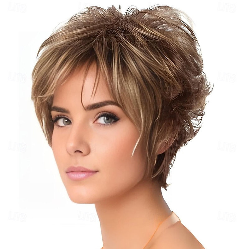 Pixie Layered Short Blonde Brown Wigs for White Women With Bangs Realistic Wig Synthetic Heat Resistant Wigs Daily Use Wig