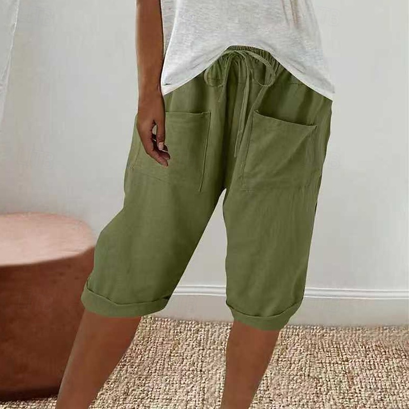 Women's Capri Pants Cotton Linen Pants Slacks Casual Calf-Length Natural Plain Pocket Elastic Waist Comfy Outdoor Comfortable Outdoor Weekend Grey Black White Green Summer Regular Fit