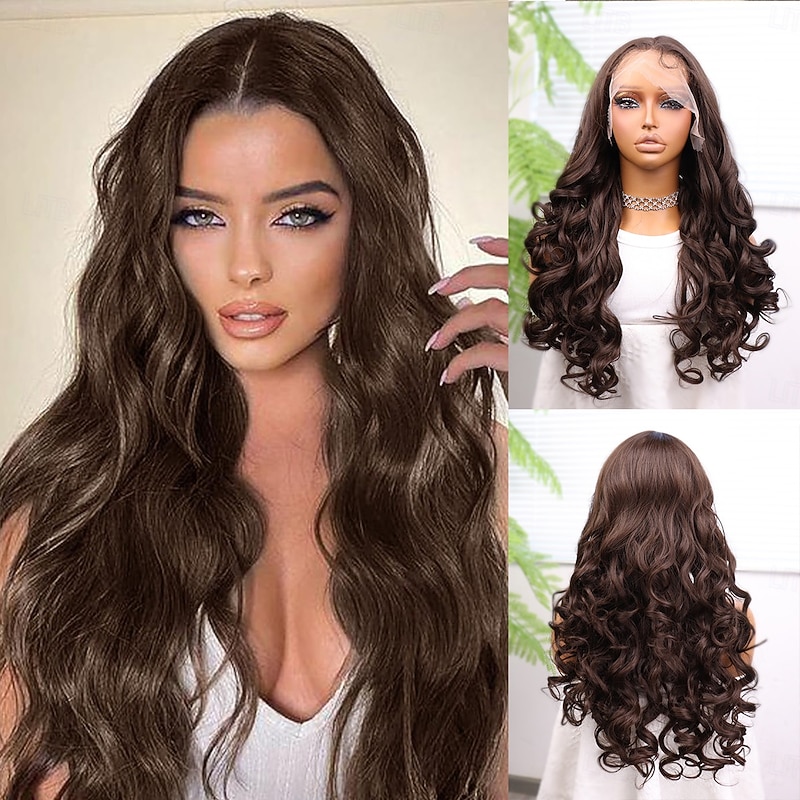 Synthetic Lace Wig Body Wave Style 22 inch Brown Middle Part 13x4 Lace Front Wig Women's Wig Dark Brown