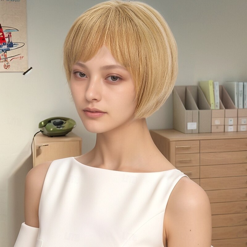 Synthetic Wig Straight Natural Straight Layered Haircut Neat Bang Machine Made Wig 14 inch A1 Synthetic Hair Women's Cool Classic Comfortable Blonde4