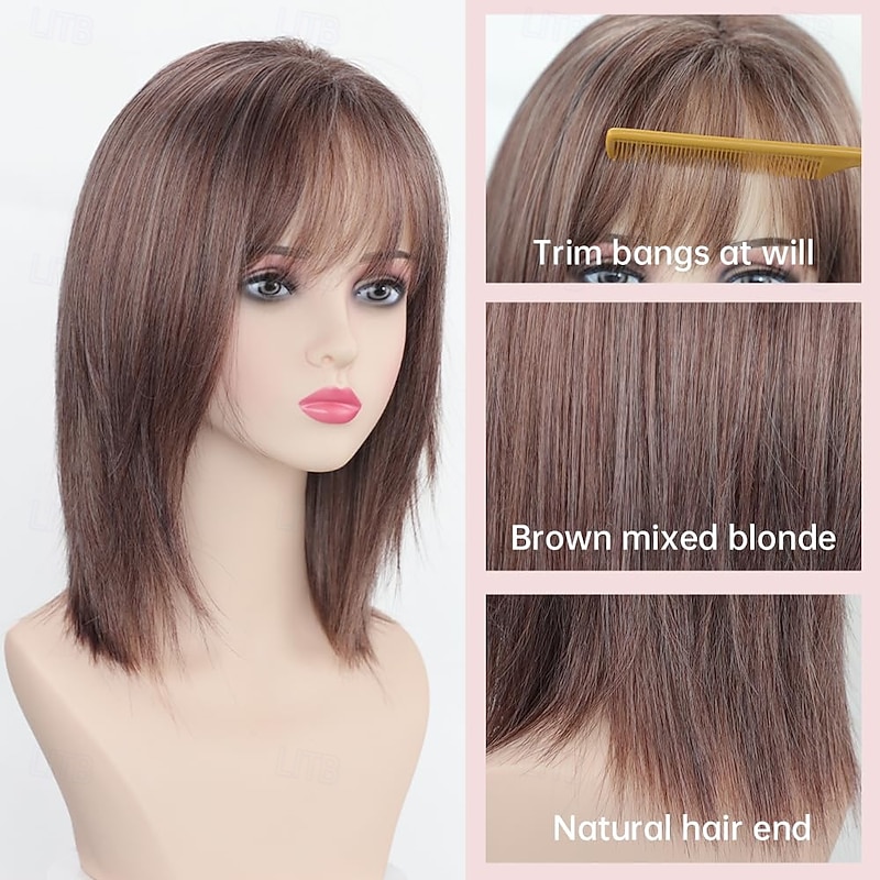 Short Straight Bob Wigs for White Women Highlight Brown Layered Wig with Air Bangs Shoulder Length Natural Synthetic Hair Wig4
